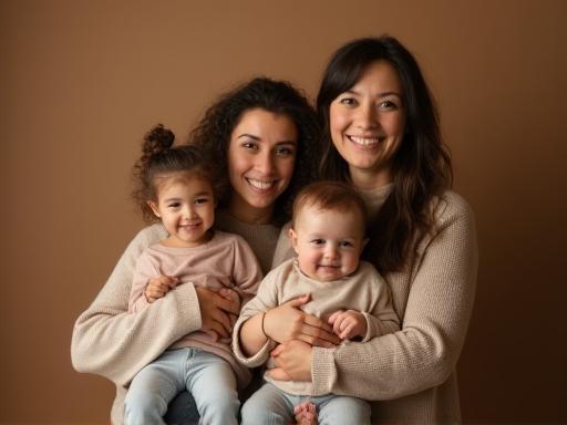 Heartwarming family portrait in a studio setting with warm lighting